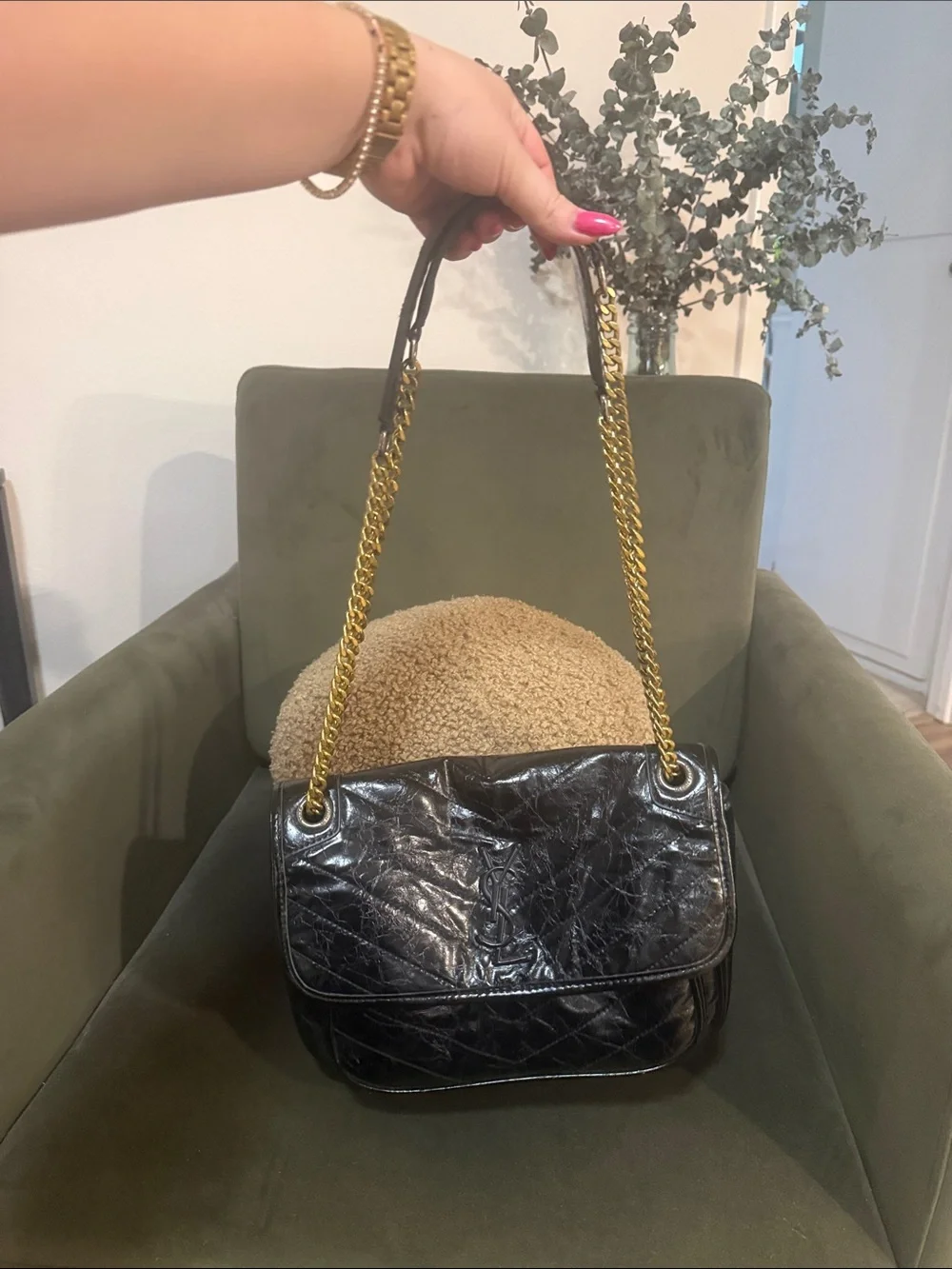 YSL Black Leather Shoulder Bag with Gold Chain